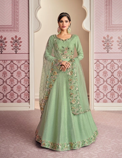 Green Color Russian Silk Embroided Gowen for Woman
