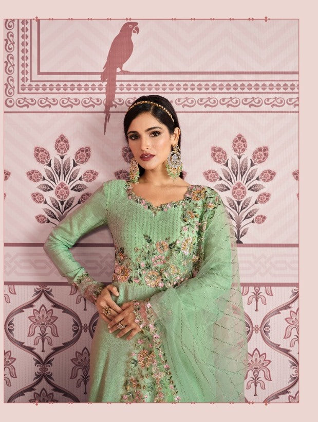 Green Color Russian Silk Embroided Gowen for Woman - Joshindia