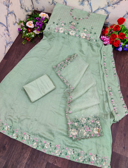 Green Color Russian Silk Embroided Gowen for Woman