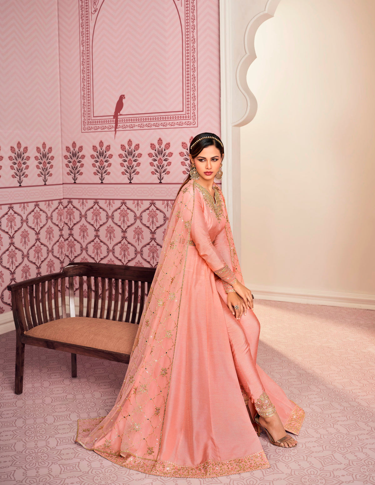 Pink Color Russian Silk Embroided Gowen for Woman - Joshindia