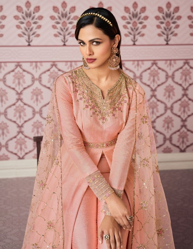 Pink Color Russian Silk Embroided Gowen for Woman - Joshindia