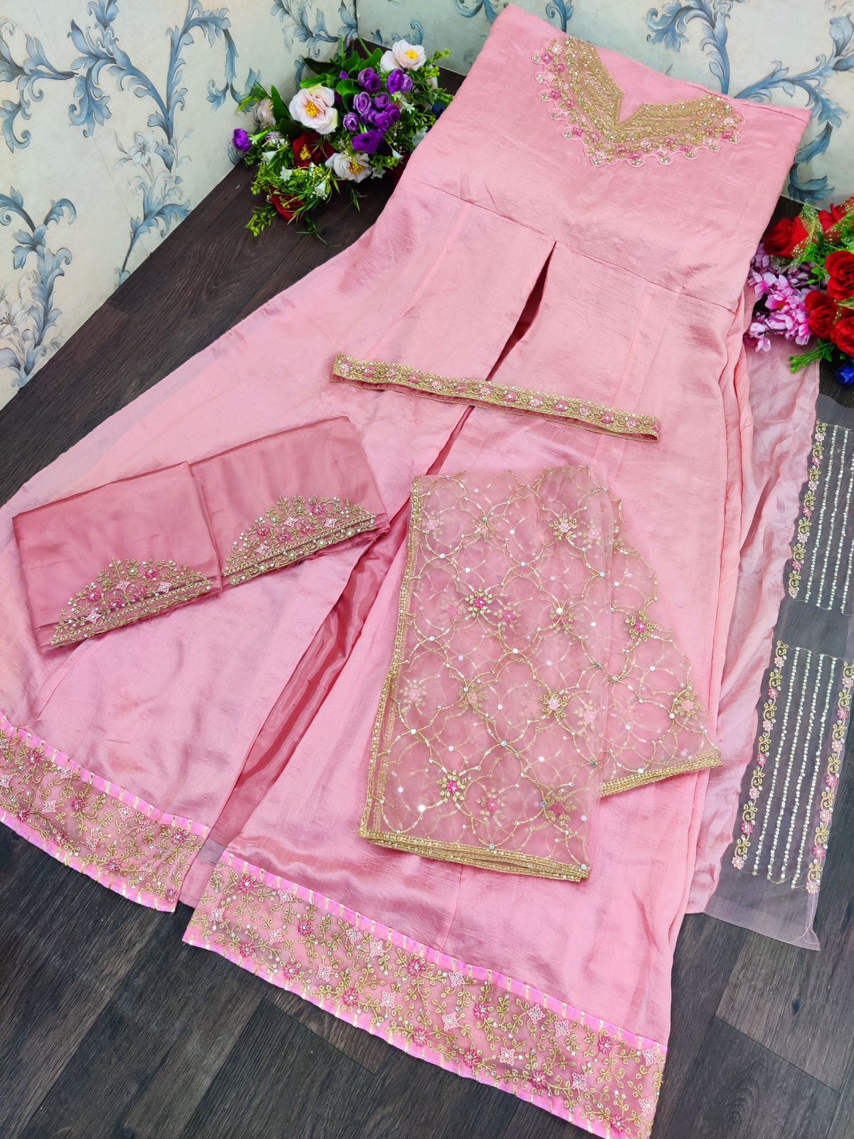 Pink Color Russian Silk Embroided Gowen for Woman