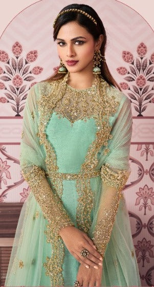 Sky Blue Color Russian Silk Embroided Gown for Woman