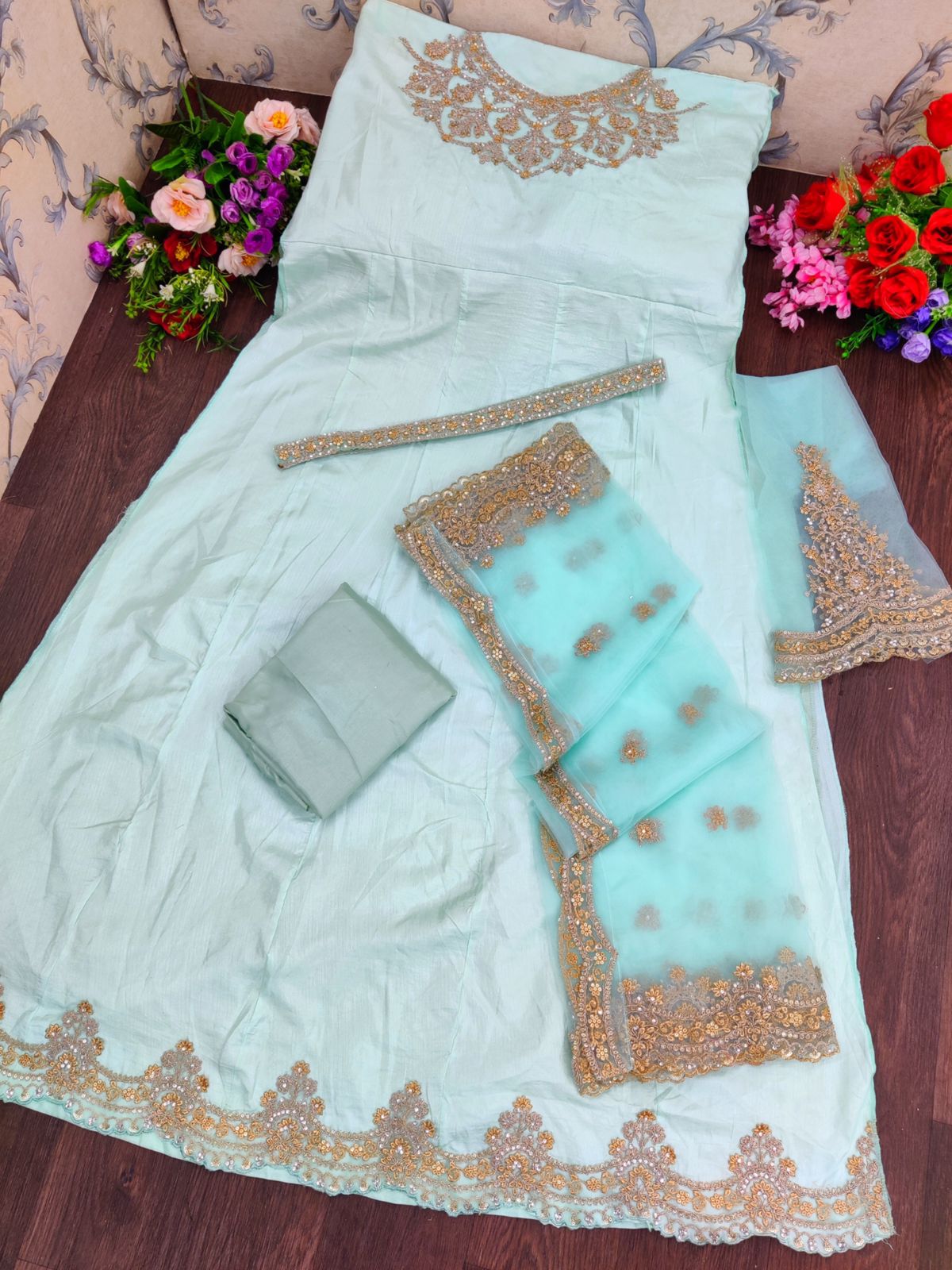 Sky Blue Color Russian Silk Embroided Gown for Woman - Joshindia