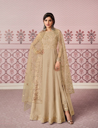 Beige Color Russian Silk Embroided Gowen for Woman