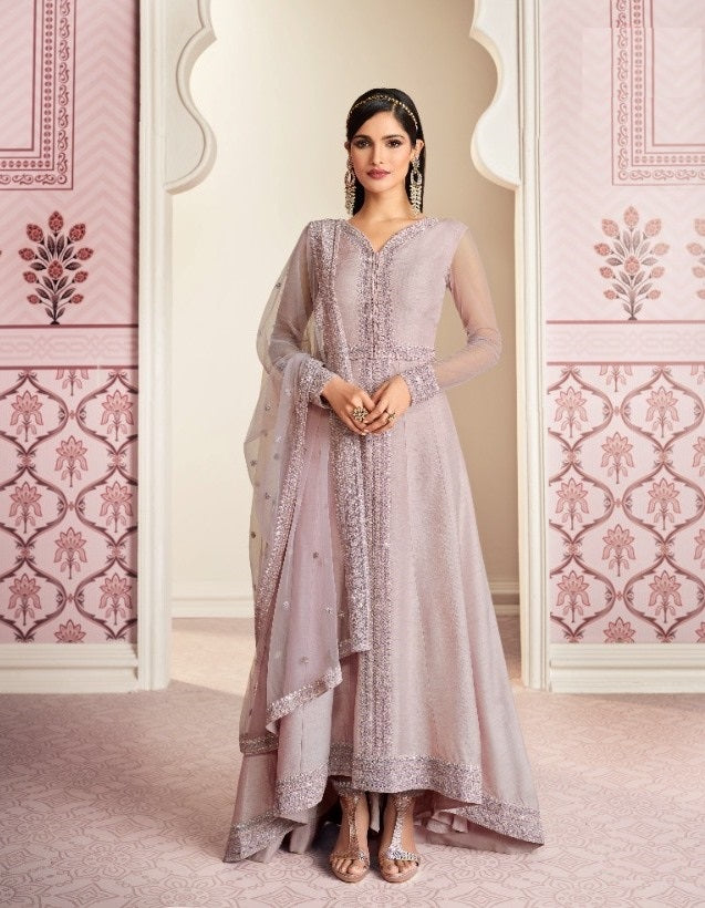 Purple Color Russian Silk Embroided Gowen for Woman - Joshindia