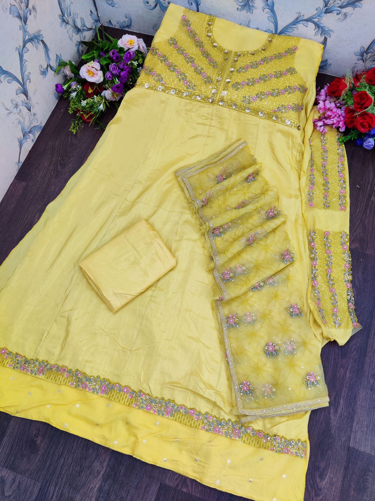 Yellow Color Russian Silk Embroided Gowen for Woman