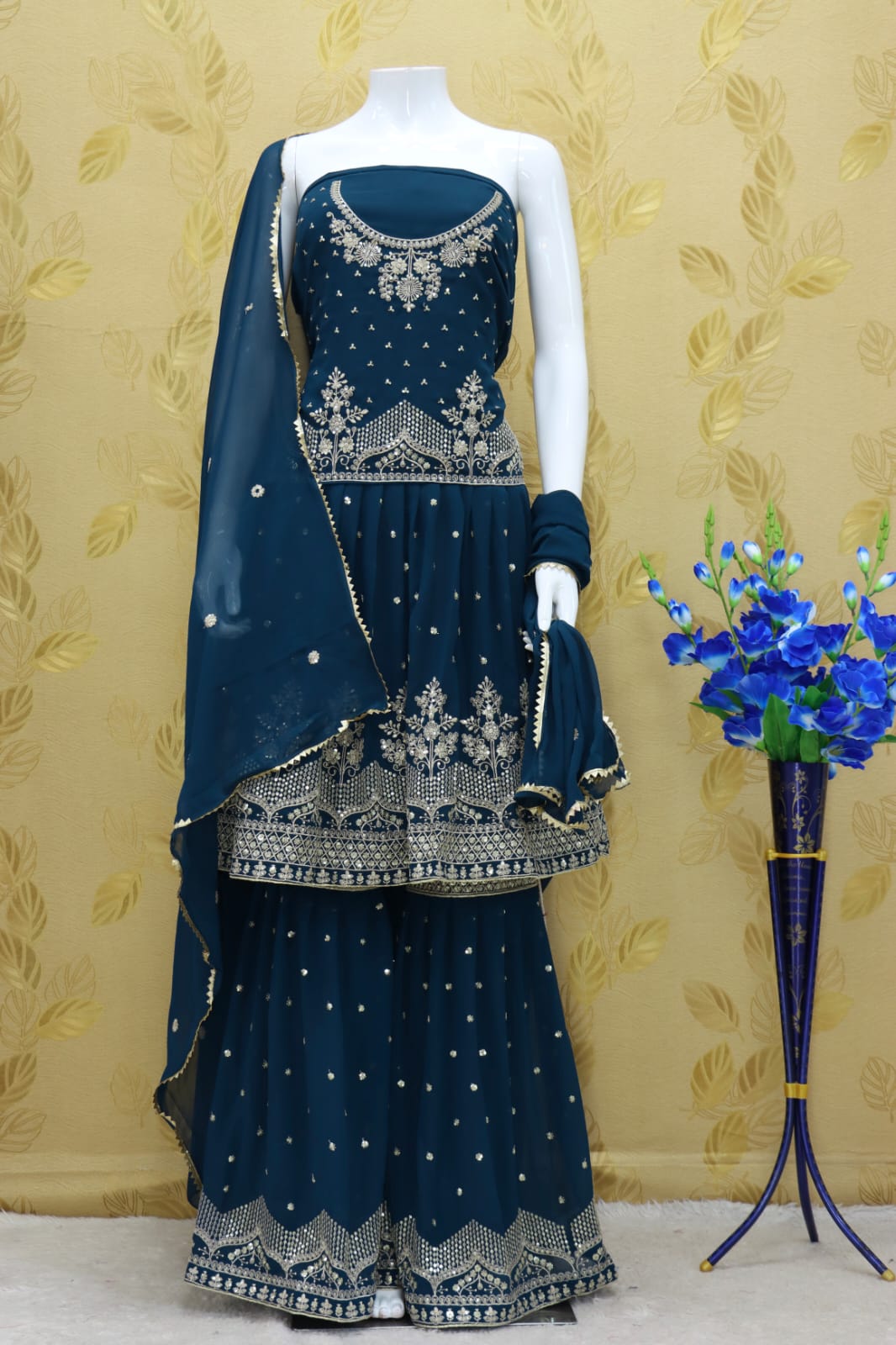 Blue Color Faux Georgette Embroided Sharara Suit