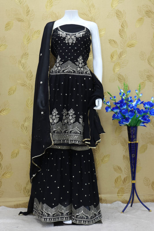 Black Color Faux Georgette Embroided Sharara Suit