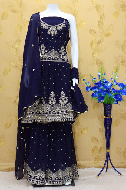 Neavy Blue Color Faux Georgette Embroided Sharara Suit