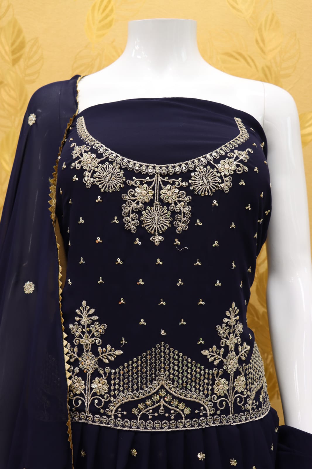 Neavy Blue Color Faux Georgette Embroided Sharara Suit