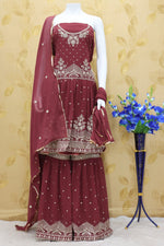 Red Color Faux Georgette Embroided Sharara Suit - Joshindia