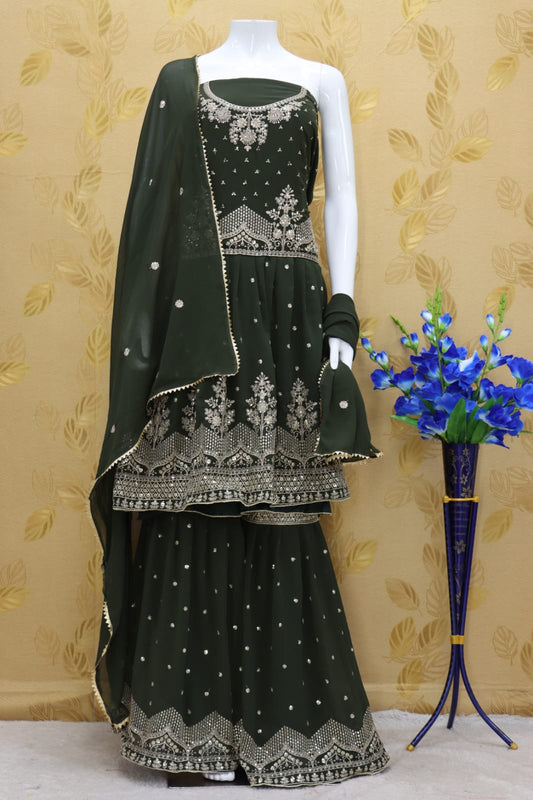 Green Color Faux Georgette Embroided Sharara Suit
