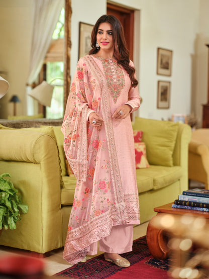 Light Pink Viscose Silk Embroided Palazzo Style Suit