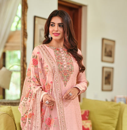 Light Pink Viscose Silk Embroided Palazzo Style Suit