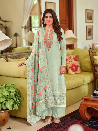 Sky Blue Viscose Silk Embroided Palazzo Style Suit