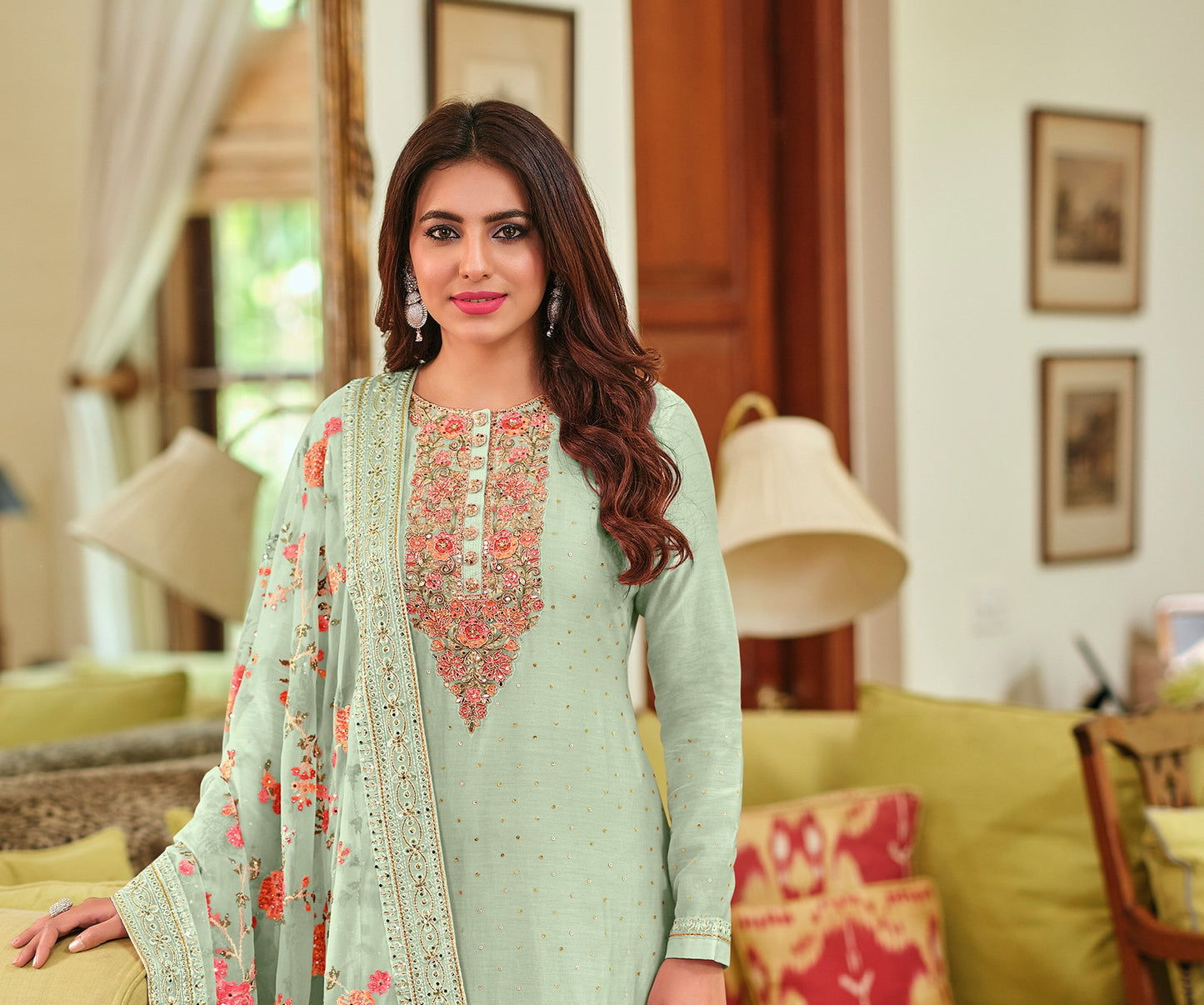 Sky Blue Viscose Silk Embroided Palazzo Style Suit