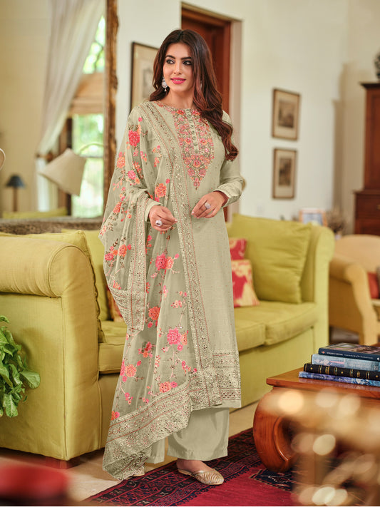 Pistachio Viscose Silk Embroided Palazzo Style Suit