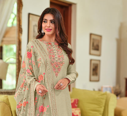 Pistachio Viscose Silk Embroided Palazzo Style Suit