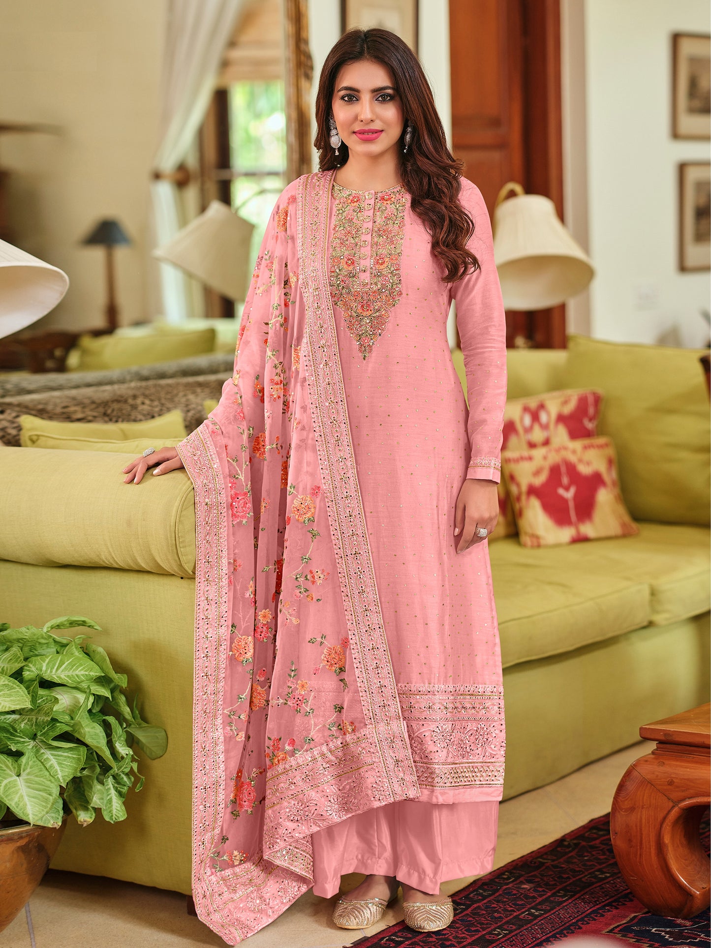 Pink Viscose Silk Embroided Palazzo Style Suit