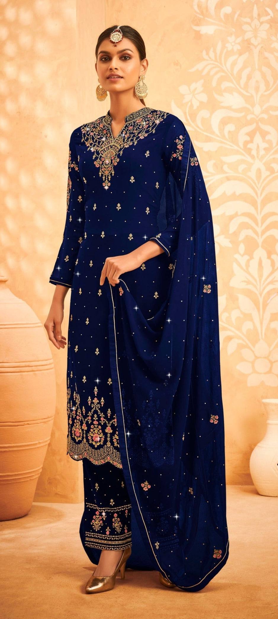 Nevy Blue Georgette Embroided Semi Stitched Palazzo Suit - Joshindia