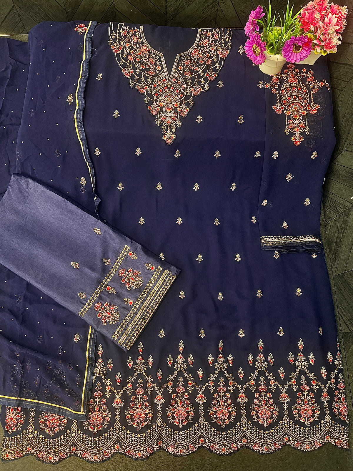 Nevy Blue Georgette Embroided Semi Stitched Palazzo Suit - Joshindia