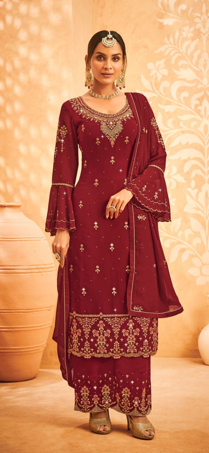 Maroon Georgette Embroided Semi Stitched Palazzo Suit