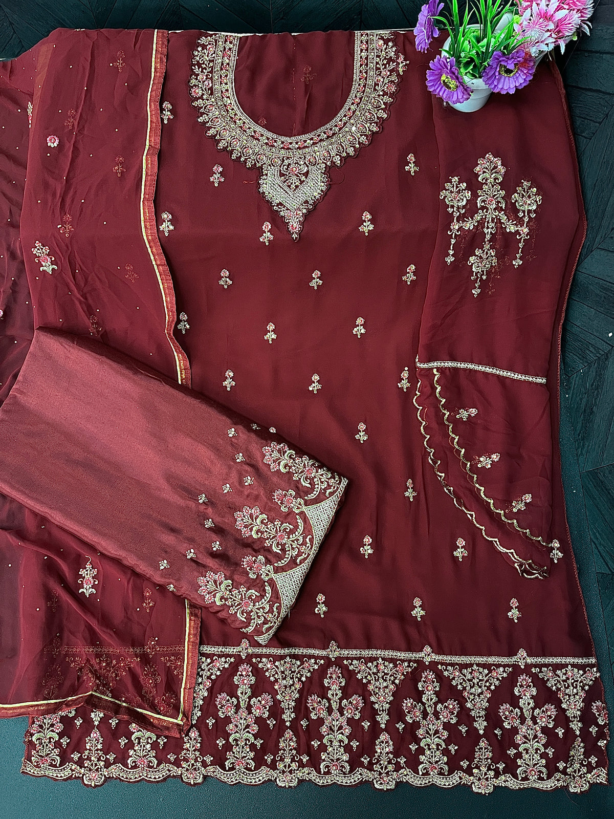 Maroon Georgette Embroided Semi Stitched Palazzo Suit - Joshindia