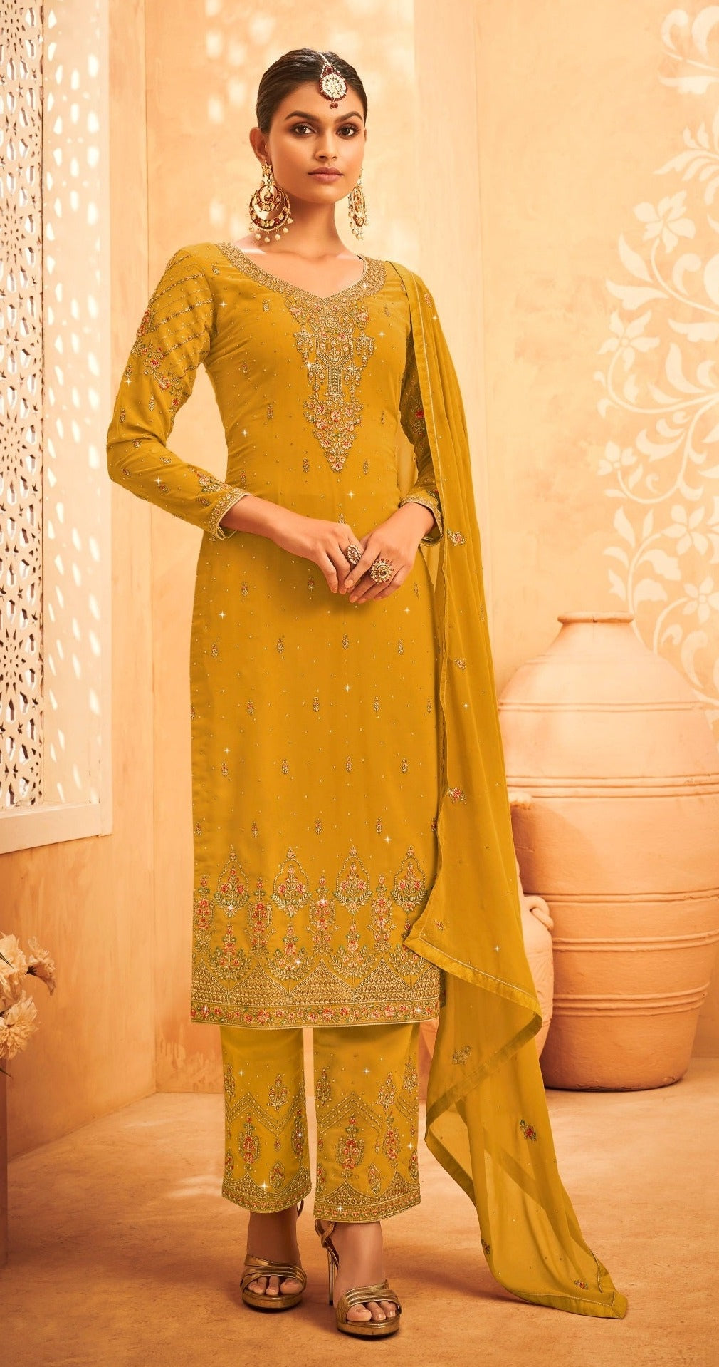 Yellow Georgette Embroided Semi Stitched Palazzo Suit - Joshindia