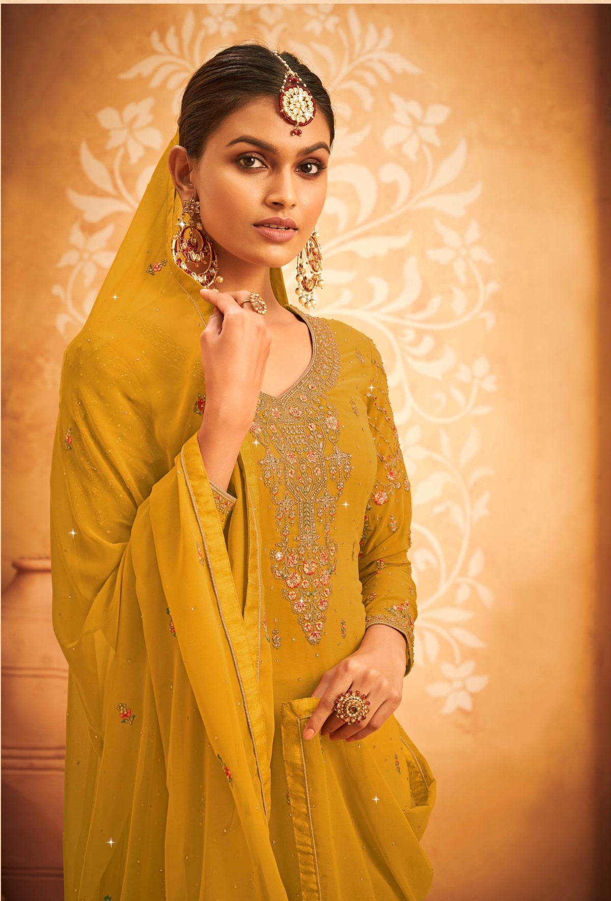 Yellow Georgette Embroided Semi Stitched Palazzo Suit - Joshindia