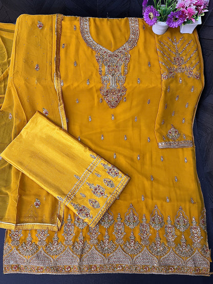 Yellow Georgette Embroided Semi Stitched Palazzo Suit
