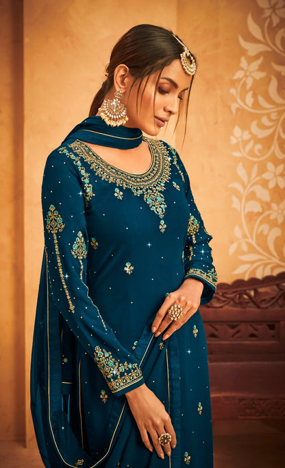 Blue Georgette Embroided Semi Stitched Palazzo Suit