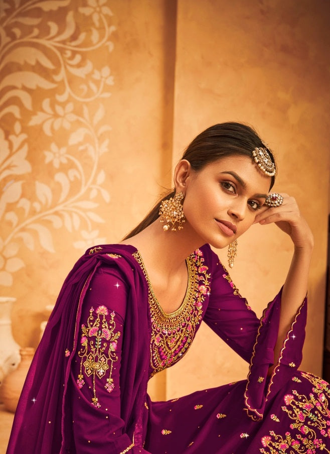 Purple Georgette Embroided Semi Stitched Palazzo Suit