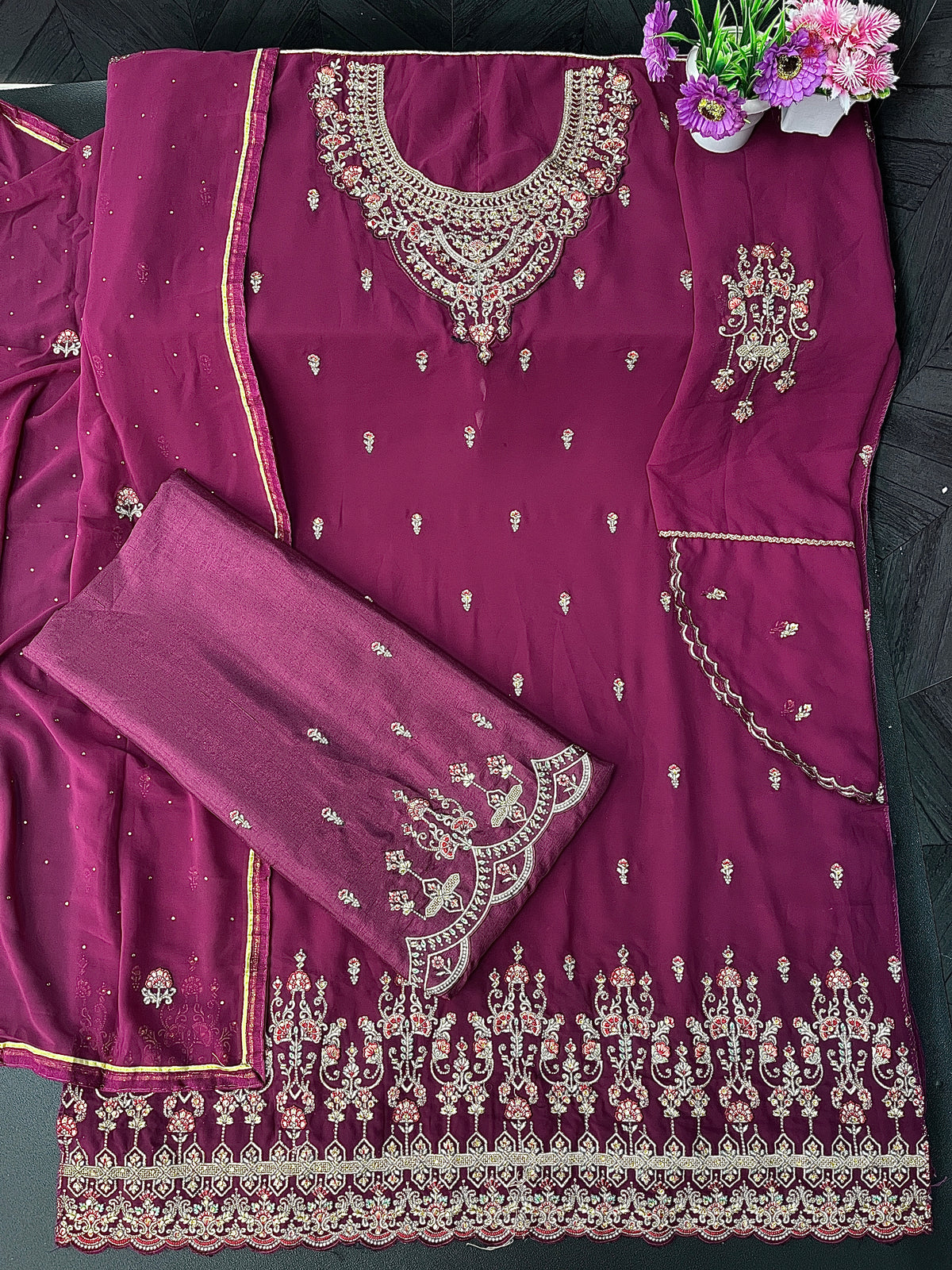 Purple Georgette Embroided Semi Stitched Palazzo Suit - Joshindia