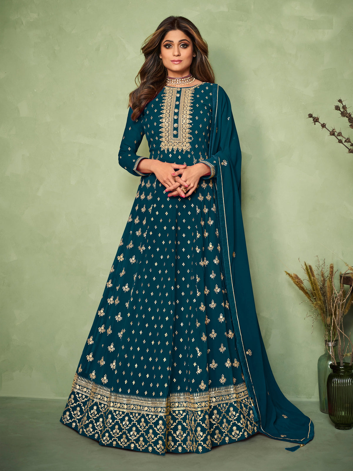 Sea Blue Georgette Embroided Anarkali Salwar Suit - Joshindia