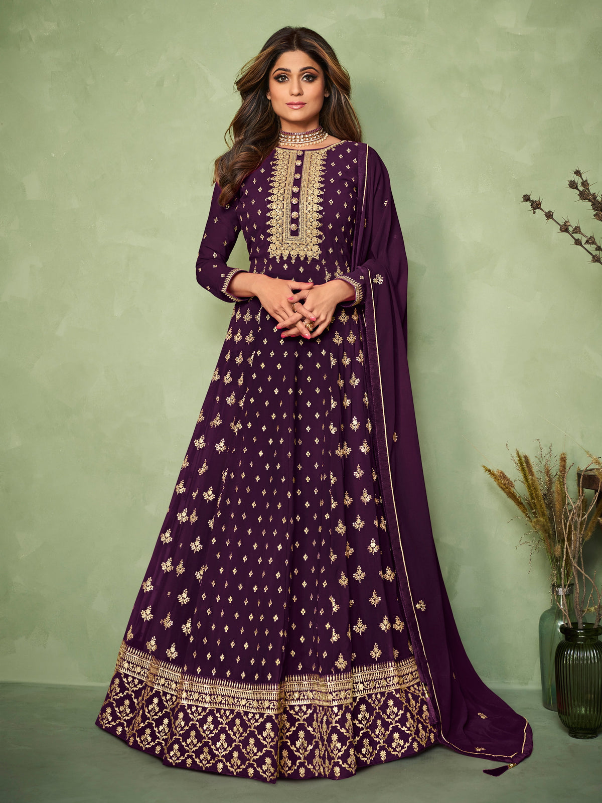 Purple Georgette Embroided Anarkali Salwar Suit - Joshindia