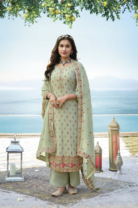 Green Color Georgette Straight Palazzo Salwar Suit