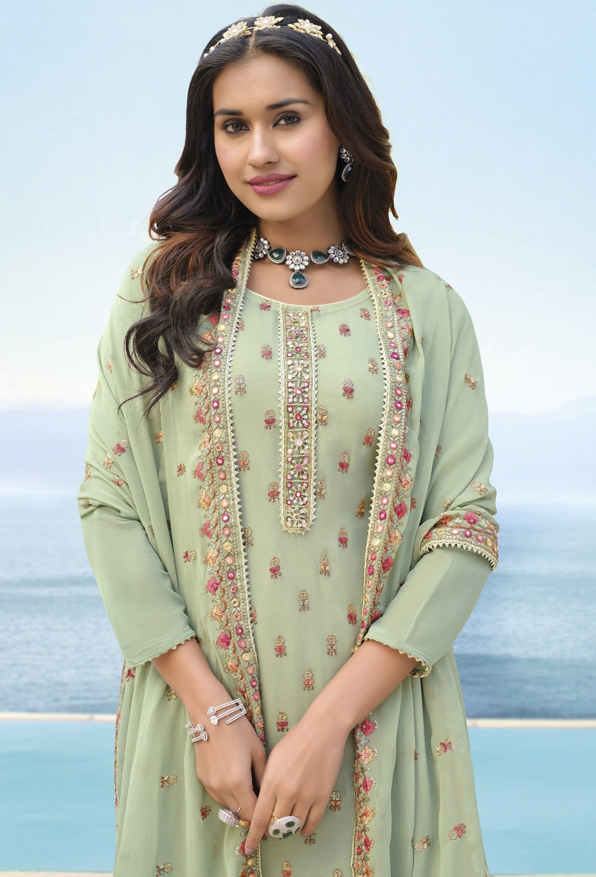 Green Color Georgette Straight Palazzo Salwar Suit - Joshindia