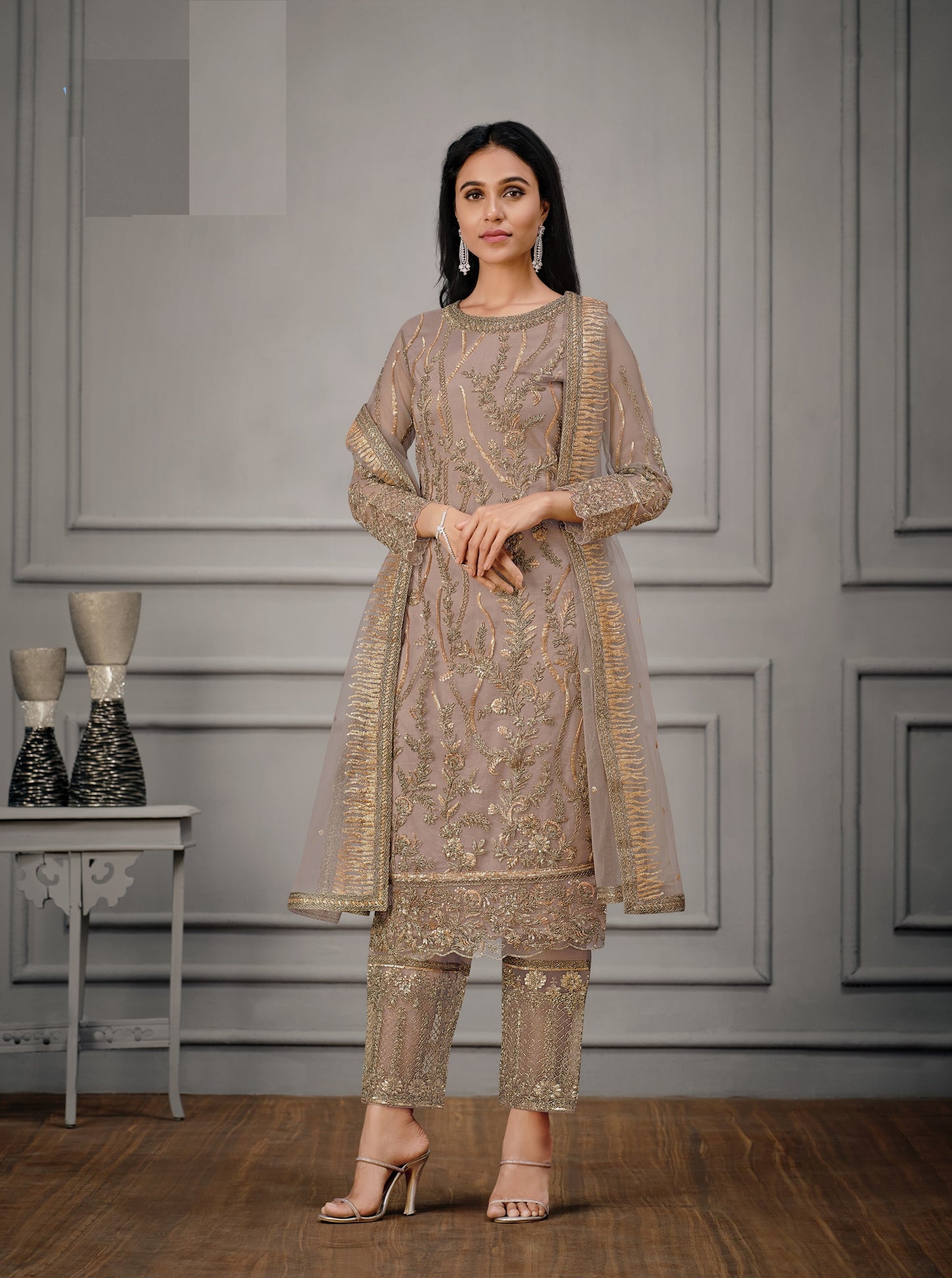 Beige Color Women Soft Net Embroidery Work Straight Salwar Suit