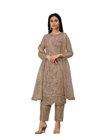 Beige Color Women Soft Net Embroidery Work Straight Salwar Suit