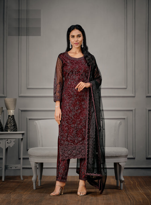 Maroon Color Women Soft Net Embroidery Work Straight Salwar Suit