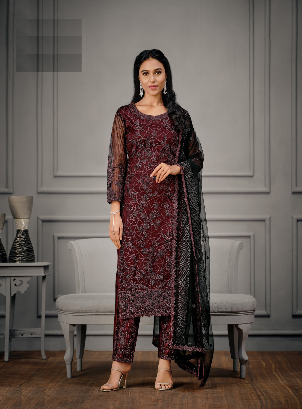 Maroon Color Women Soft Net Embroidery Work Straight Salwar Suit - Joshindia