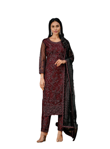 Maroon Color Women Soft Net Embroidery Work Straight Salwar Suit