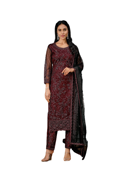 Maroon Color Women Soft Net Embroidery Work Straight Salwar Suit - Joshindia