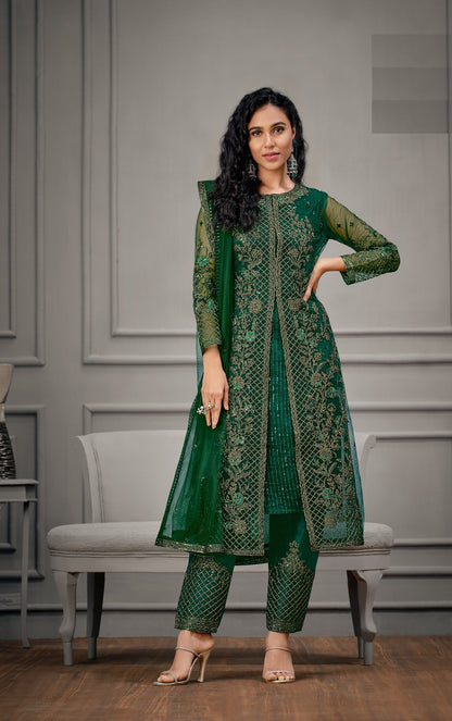 Green Color Women Soft Net Embroidery Work Straight Salwar Suit