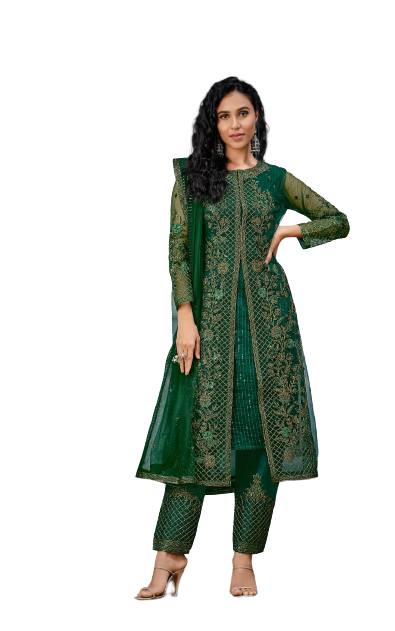 Green Color Women Soft Net Embroidery Work Straight Salwar Suit