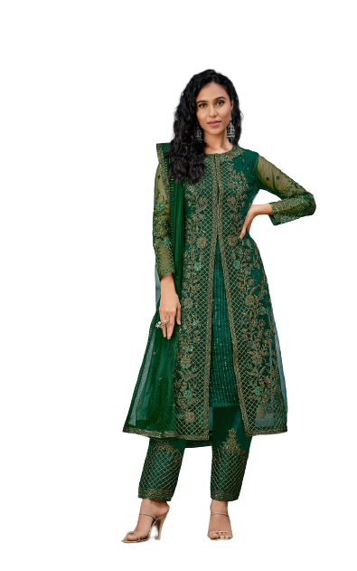 Green Color Women Soft Net Embroidery Work Straight Salwar Suit - Joshindia