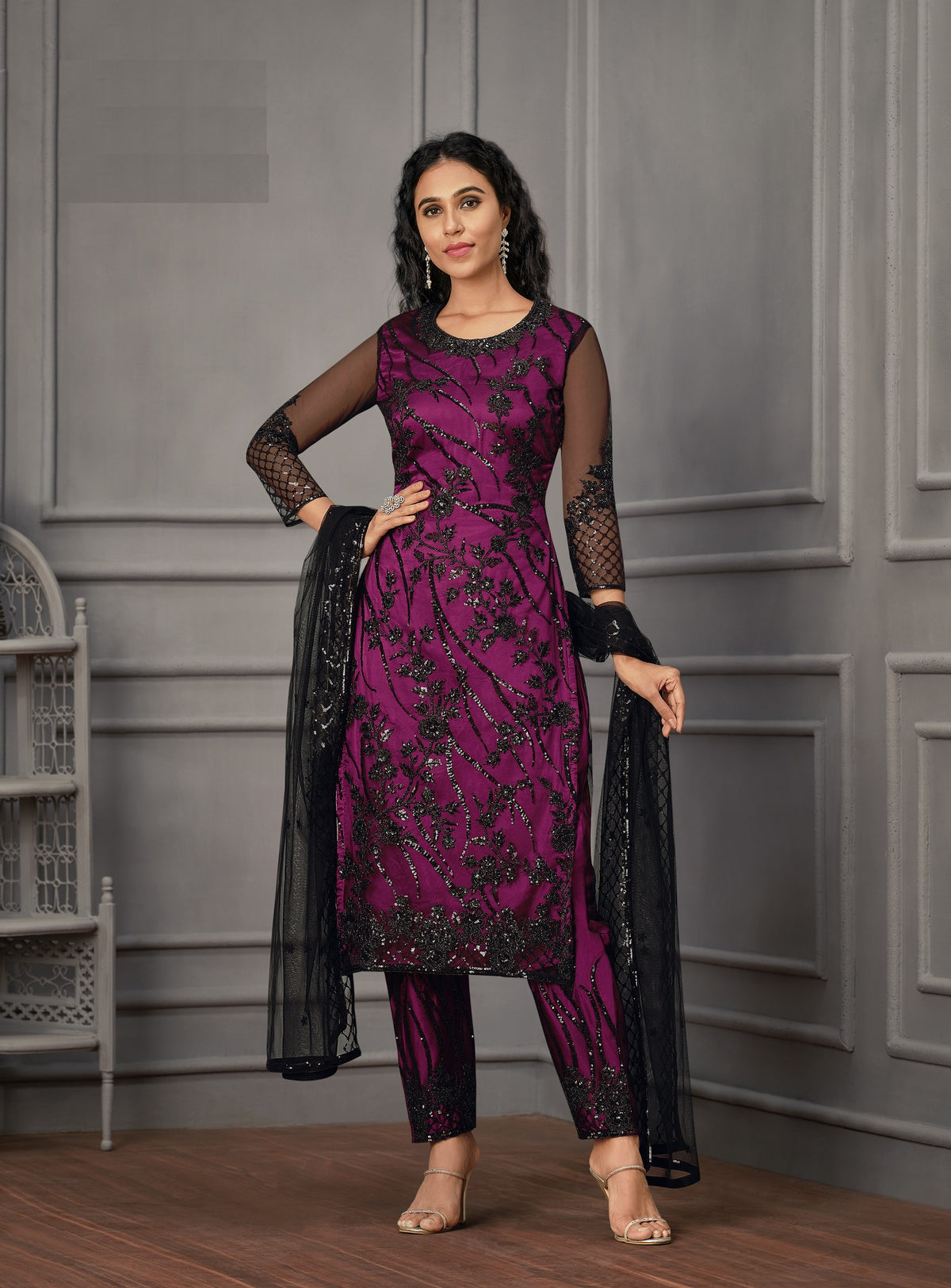 Purple Color Women Soft Net Embroidery Work Straight Salwar Suit - Joshindia