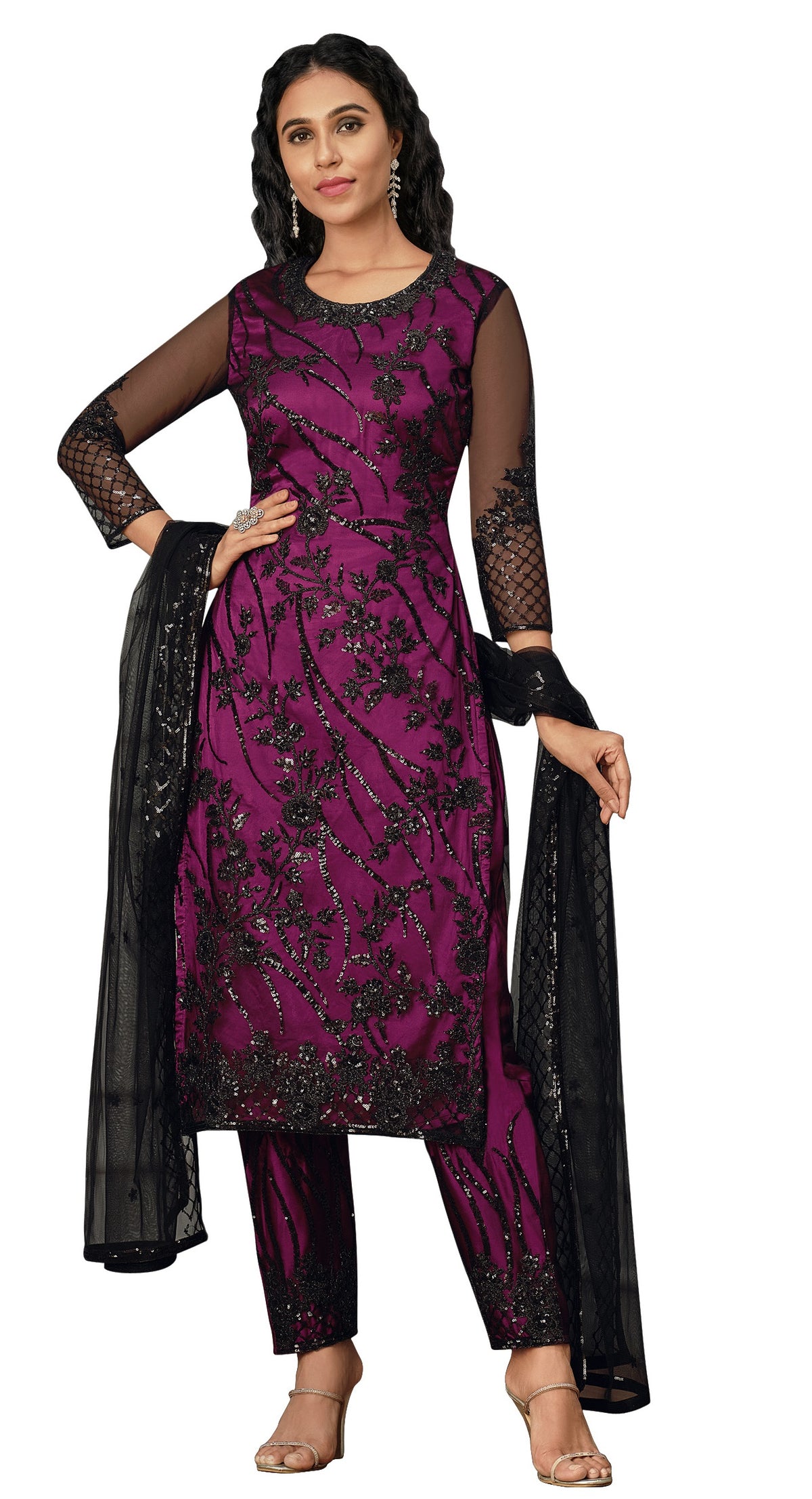 Purple color Women Soft Net Embroidery Work Straight Salwar Suit - Joshindia