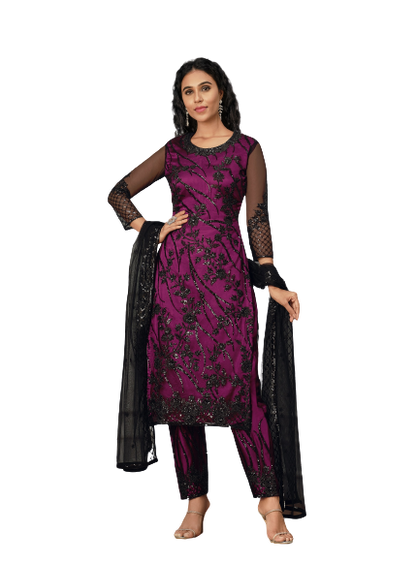 Purple Color Women Soft Net Embroidery Work Straight Salwar Suit
